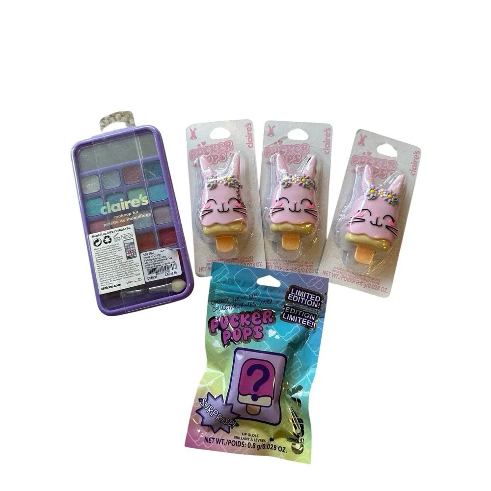 5pc NWT Claire's Bundle Pucker Pops Bunny  Mystery & Makeup Kit NEW $37 Value
